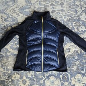 London Fog Dark Blue Puffer Jacket with Gold Accents